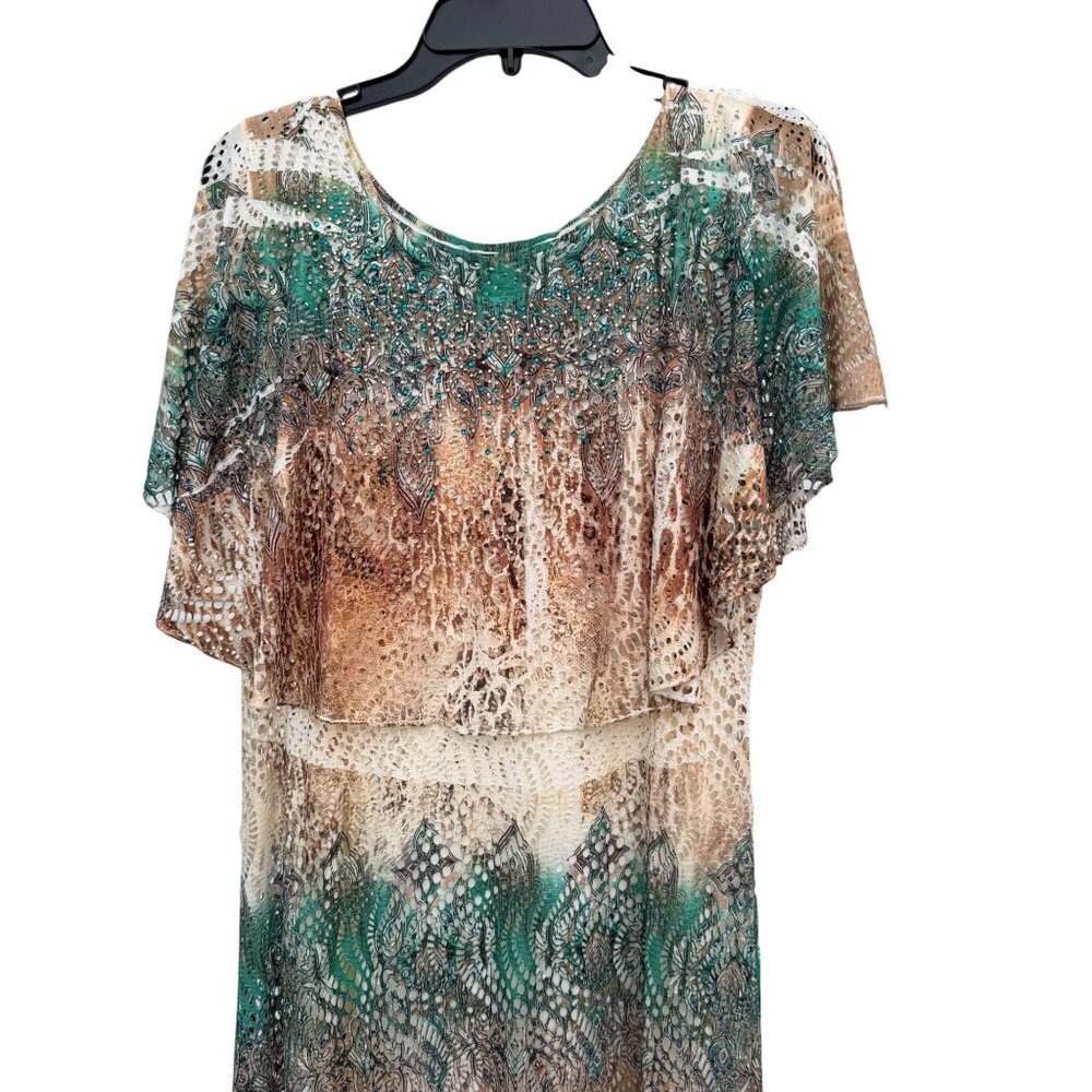 Boho Chic Perforated Maxi Dress XL Green Cream Beige Prairie Hippie Flowy Long - Picture 2 of 7